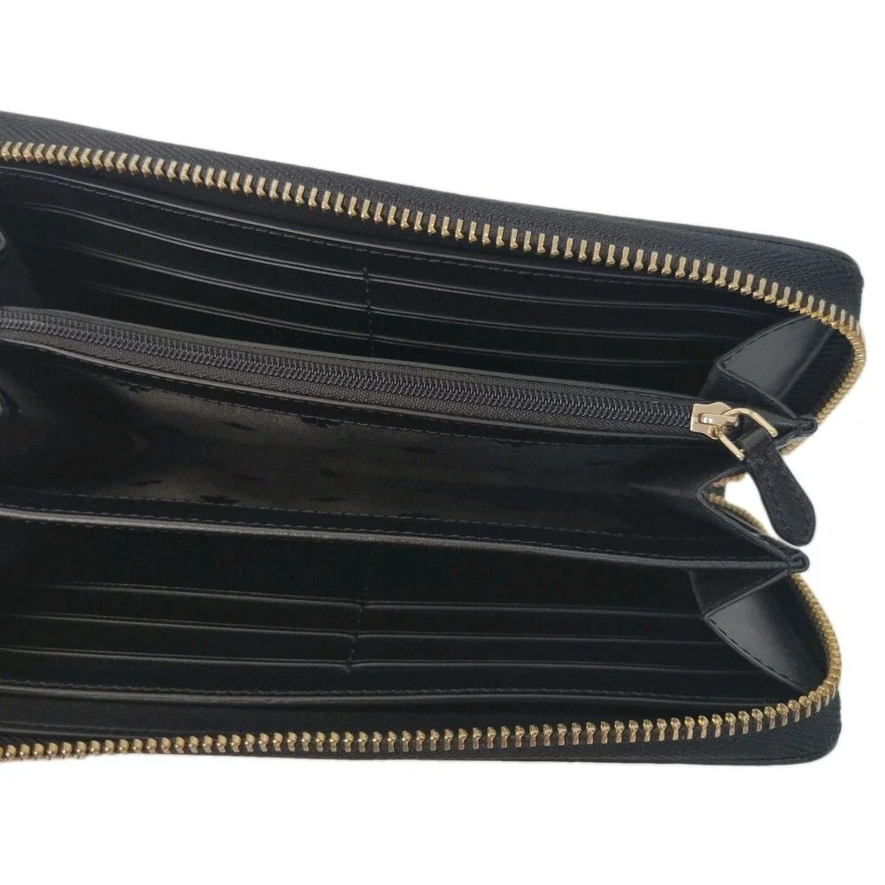Kate Spade New York Black Leather Zip Around Continental Wallet Gold Tone